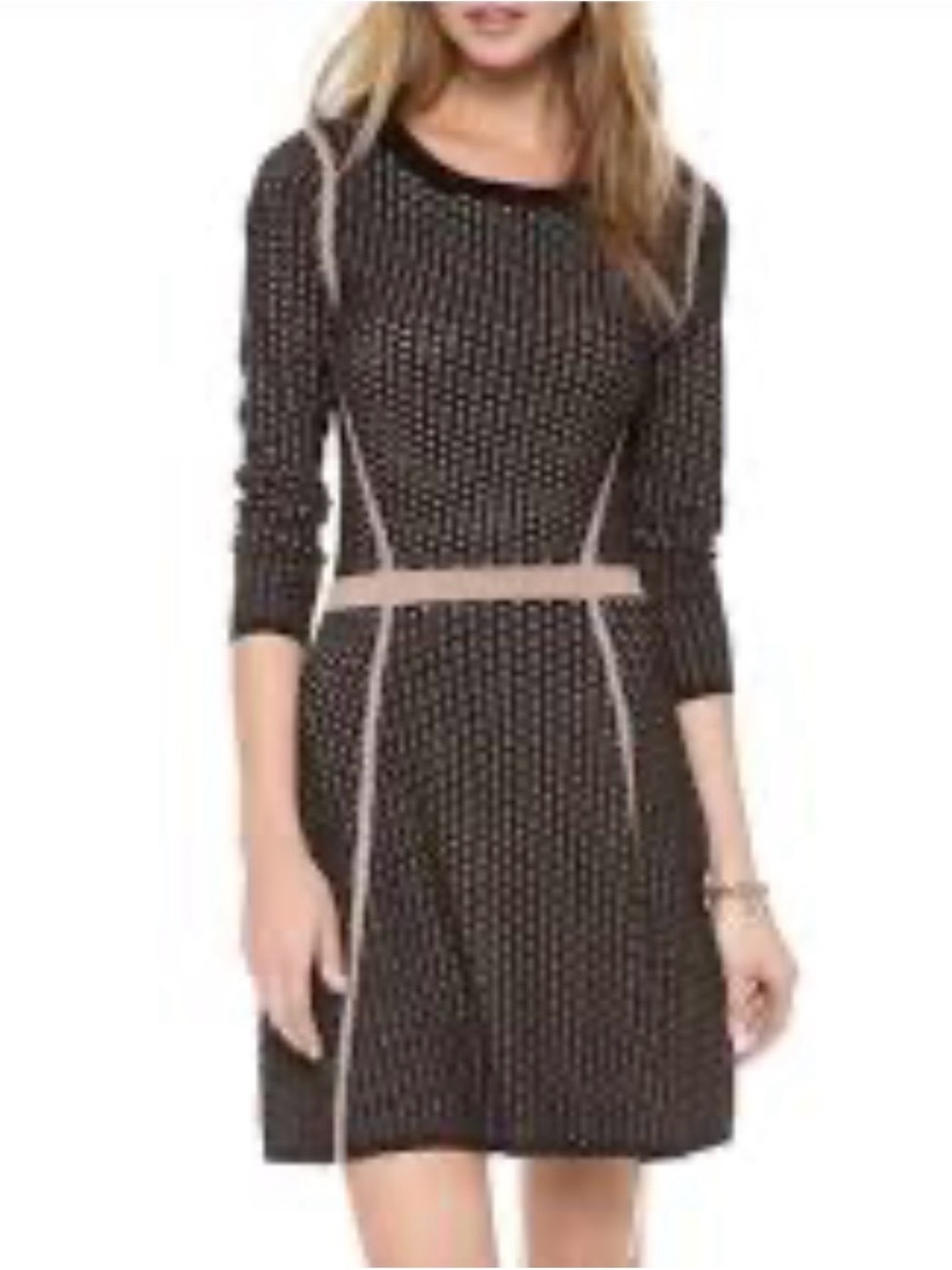 Club Monaco Black and Beige Knit Long-Sleeve Fit-and-Flare Dress